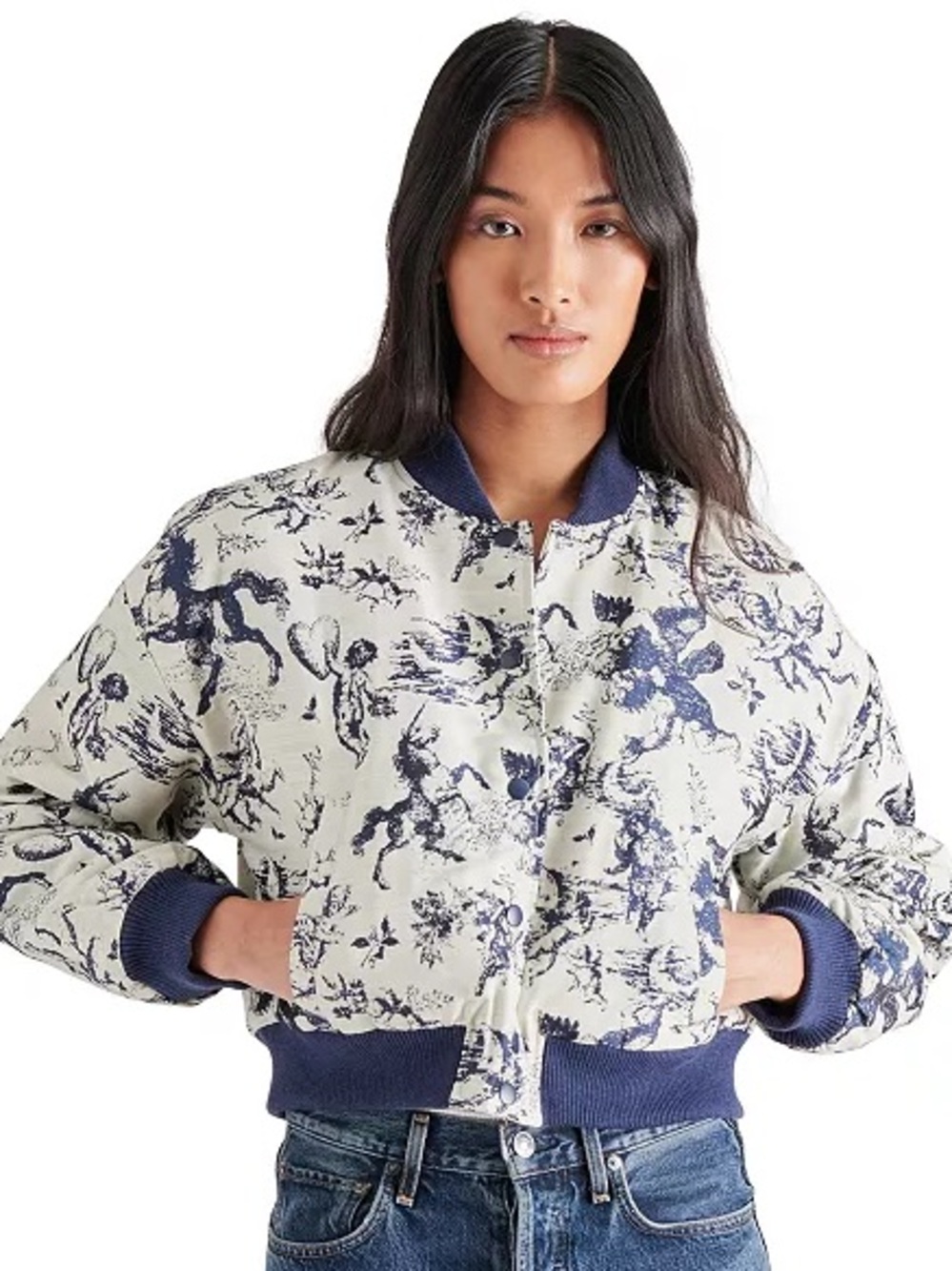 Steve Madden Blue & White Austen Bomber Jacket Womens Size Large